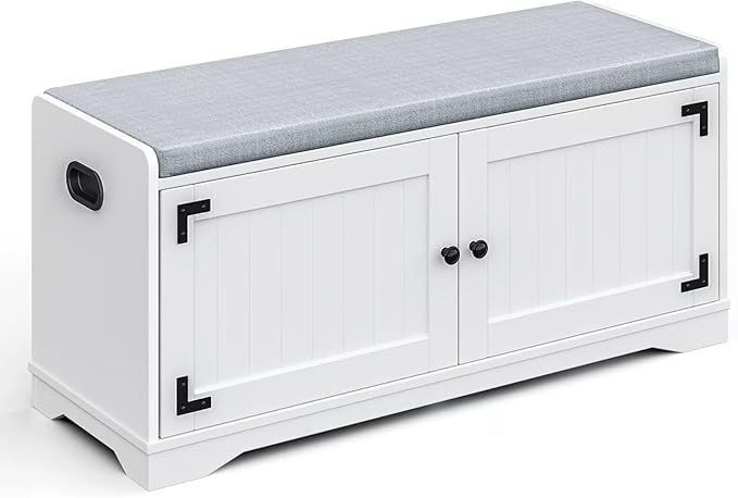 2-Tier Shoe Storage Bench, 39.4" W Shoe Bench with Padded Seat Cushion, Entryway Bench with Handles, 2 Doors, Adjustable Shelf for Living Room, Bedroom, Front Door, Hallway, Closet - White