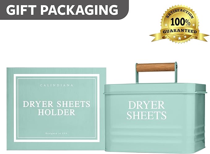 Calindiana Modern Farmhouse Metal Laundry Dryer Sheets Holder Fabric Softener Dispenser with Lid for Laundry Room Decor and Accessories and Space Saving Laundry Room Organization and Storage, Mint
