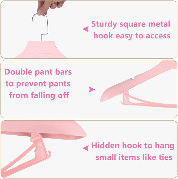 DEDU Suit Hangers for Men 10 Pack, Pink Coat Hangers Extra Wide Non Slip Width 17.7", Plastic with Pants Bar & Metal Hook