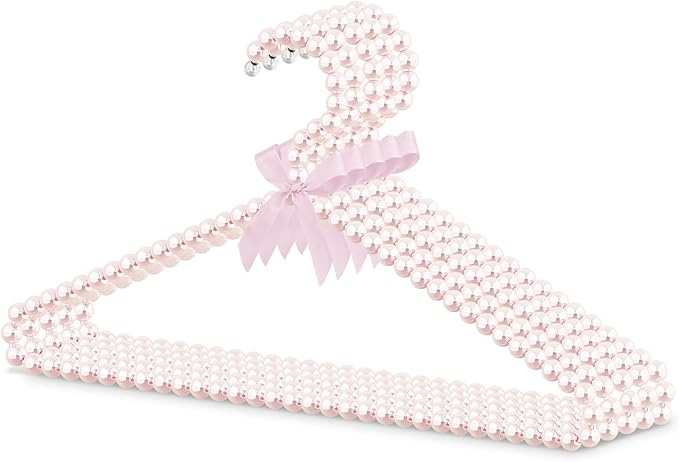 Linkidea 5 Packs Faux Pearl Beaded Clothes Hangers, Elegant Clothes Dress Wedding Shop Pants Hanger, Closet Coat Storage Organizer Standard Hangers (Pink)
