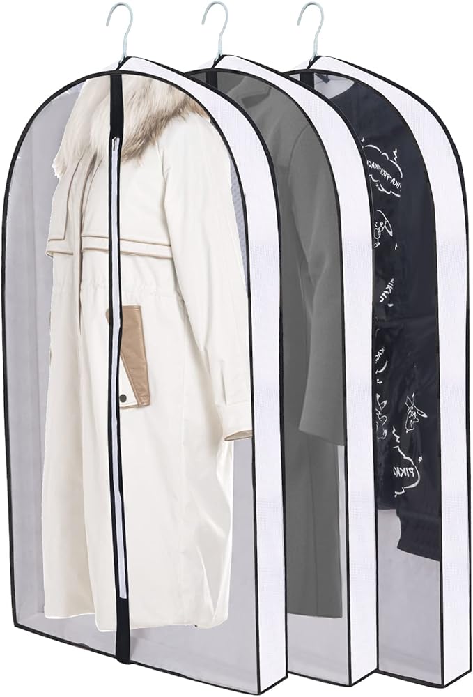 60" Garment Bags for Hanging Clothes, Clear Proof Suits Covers with 4" Gussets for Closet Storage and Travel Hanging Clothes Bag for Coat, Sweater, Jacket, Dress, Shirts (3 Pack - 60")
