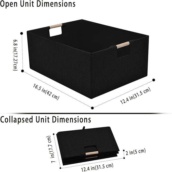 Fabric Storage Basket for Shelves, Collapsible Storage Bins with wood Handles, Rectangle Closet Baskets, Wardrobe Organiser, for Sorting Clothes, Family Items (Black) (2)