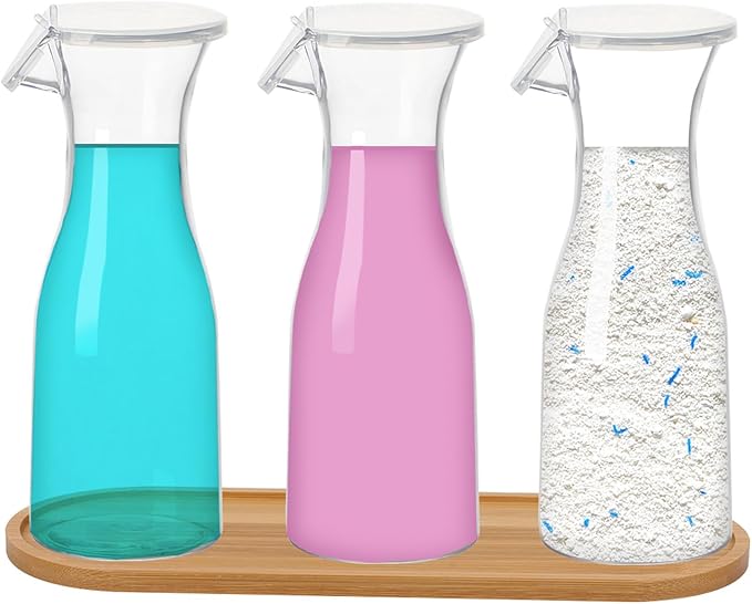 Liquid Laundry Detergent Dispenser with Tray, 20oz Laundry Soap Dispenser, Plastic Refillable Laundry Detergent Container Organizer for Laundry Room Organization with 16 Waterproof Labels, 3 Pack