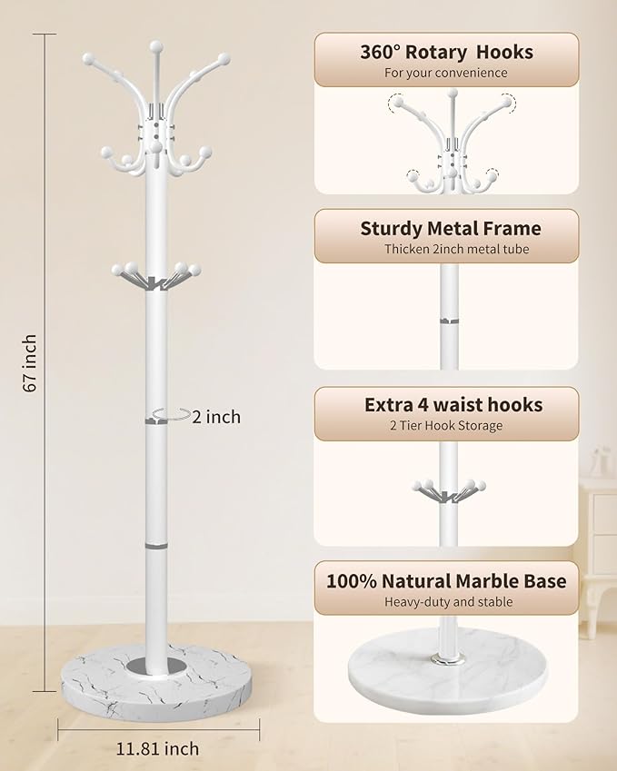 Metal Coat Rack with Natural Marble Base,360°Rotary Coat Rack Stand with 14 Hooks,Modern Freestanging Coat Racks,White Coat Jacket Hanger Clothes Tree Stand for Entryway,Corner