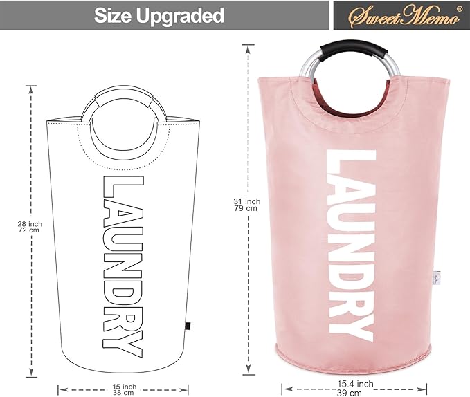 Large Laundry Basket Collapsible，Freestanding Clothes Hamper Bag with Handles – Tall Folding Dirty Laundry Bin，Sturdy Laundry Sorter for College Dorm，Laundry Room – 95L (Pink)