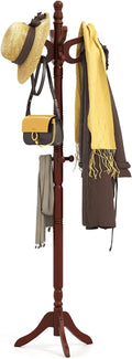 Tangkula Coat Rack Freestanding, Solid Rubber Wood Coat Tree with 11 Hooks and 3 Height Options for Coats, Hats, Bags, Purses, Clothes, Hanger Stand for Entryway Hallway Bedroom Office (Reddish Brown)
