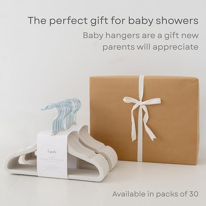 3 Sprouts Velvet Baby Hangers - Non-Slip Hanger for Infant, Toddler, Baby Clothes - Closet Kids Hangers with Slim Design, Nordic Colors, Pack of 30 - White