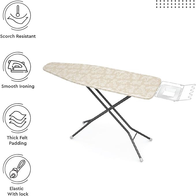 Encasa XO Ironing Board Cover with 4mm Extra Thick Felt Pad for Steam Press – Beige - (Fits Standard Boards of Wide, 49"x18") Elastic Fitting, Heat Reflective, Protective