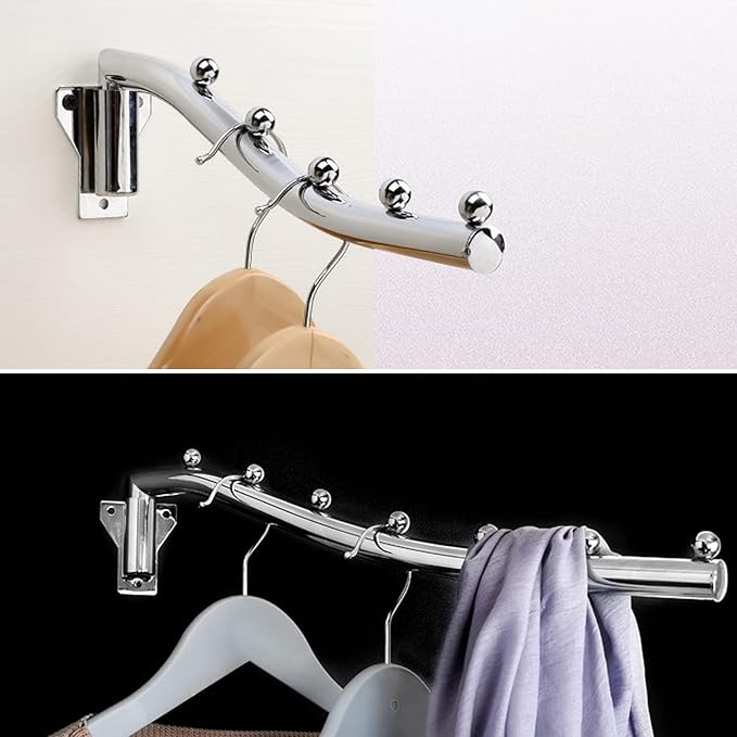 Folding Wall Mounted Clothes Hanger Rack, Swing Arm Holder Stainless Steel Garment Hooks, Space Saver Clothing Hanging System Closet Storage Organizer for Laundry Room Bedrooms, Clothing Drying Rack