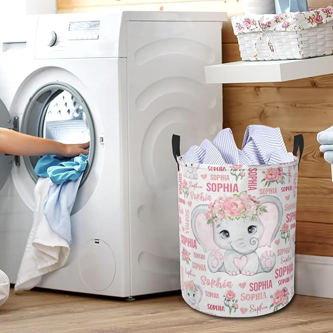 Elephant Laundry Basket,Personalized Laundry Hamper for Boys Girls,Custom Laundry Basket With Name, Customized Dirty Clothes Hamper for Bathroom Bedrooms,S-16.5"X 13.8"