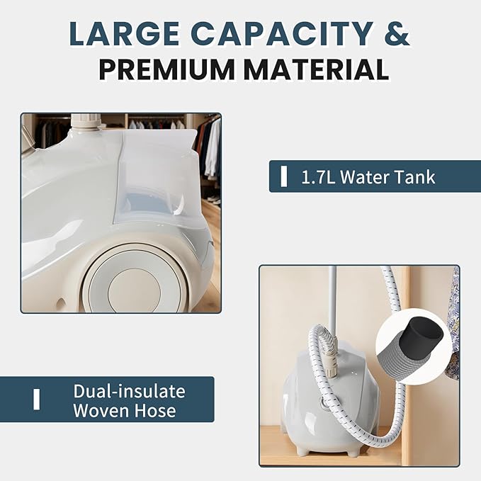 DUMOS Garment Steamer for Clothes Standing, 1500W Efficient Clothes Steamer Standing, 1.7L Water Tank for 55 Min Continuous Steaming with Wheels, Professional Fast Heating Wrinkle Remover