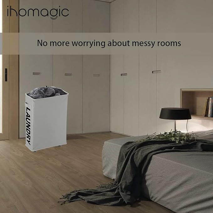 Slim Rolling Laundry Basket with wheel, IHOMAGIC Rectangle Storage Hamper - Thin Laundry Basket Corner Fittable Laundry Bin Flexible Laundry Sorter For Dormitory, Hotel, 39x18.5x58cm 41L, Light Gray