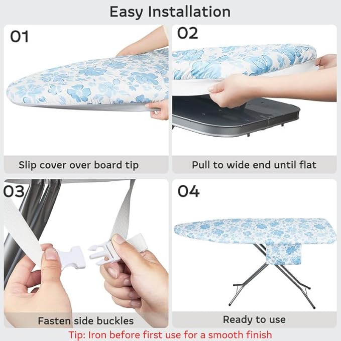 FIOBEE Ironing Board Cover and Pad Extra Thick Iron Board Pad with Heat-Resistant Mesh Padded Iron Board Covers Adjustable Buckle & Elastic Edges for 15x54 Standard Size Ironing Board, Light Blue