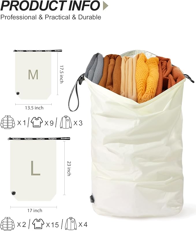 Travel Laundry Bag, Pump-free Vacuum Compression Dirty Clothes Bag, Medium Reusable Waterproof & Washable Laundry Bag, Wet and Dry Bag, Ideal for Suitcases, Laundromats (1 Pack) White