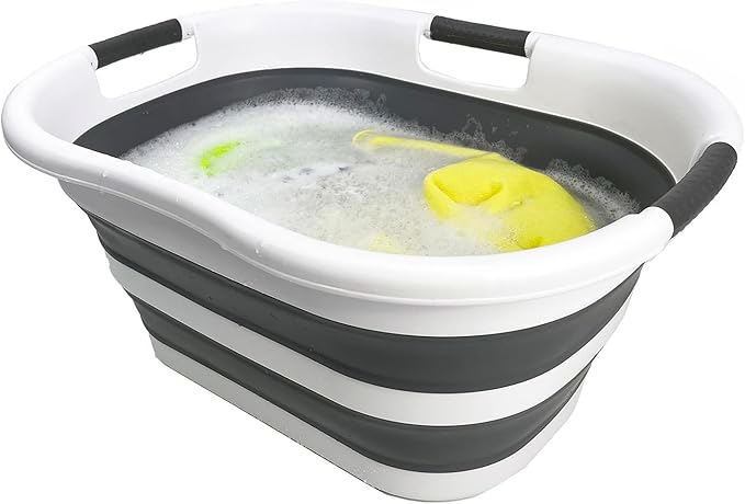 SAMMART 40L (10.5 gallon) Plastic Foldable Laundry Basket/Tub - Collapsible, Space Saving and Portable Laundry Hamper, Ideal for Home, Travel, Dorm, and Camping (1, White/Steel Gray)