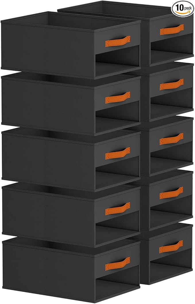 Drawer Organizers and Storage - 10 Pack Foldable Pants Organizer with Clear Window & Handles, Fabric Closet Organizer for Clothes, Jeans, Sweaters, Towels, T-shirt, Scarf (Black)