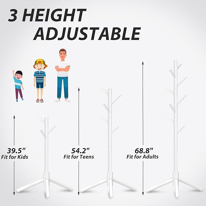 Durable Wooden Coat Rack, Freestanding Coat Rack with Stable Triangular Base, 8 Hooks & 3 Adjustable Heights, Simple Assembly for Bedroom, Hallway, Office(New White)