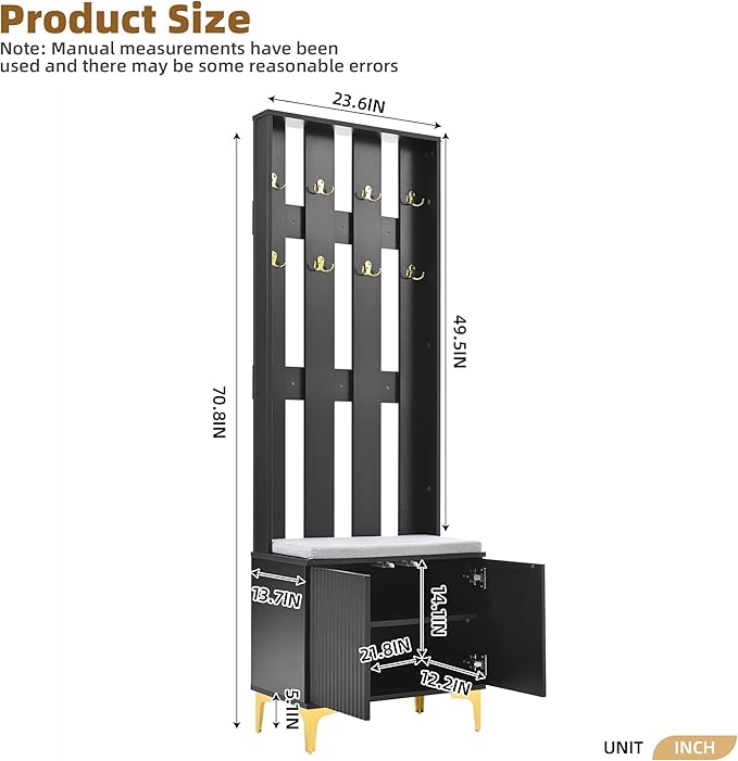 70.8" H Hall Tree with Cushion, Modern Luxury 4-in-1 Hall Tree with Adjustable Shelves & Fluted Doors, Versatile Coat Rack with 8 Gold Hooks and Legs, Entryway Bench for Hallway (Black/379)