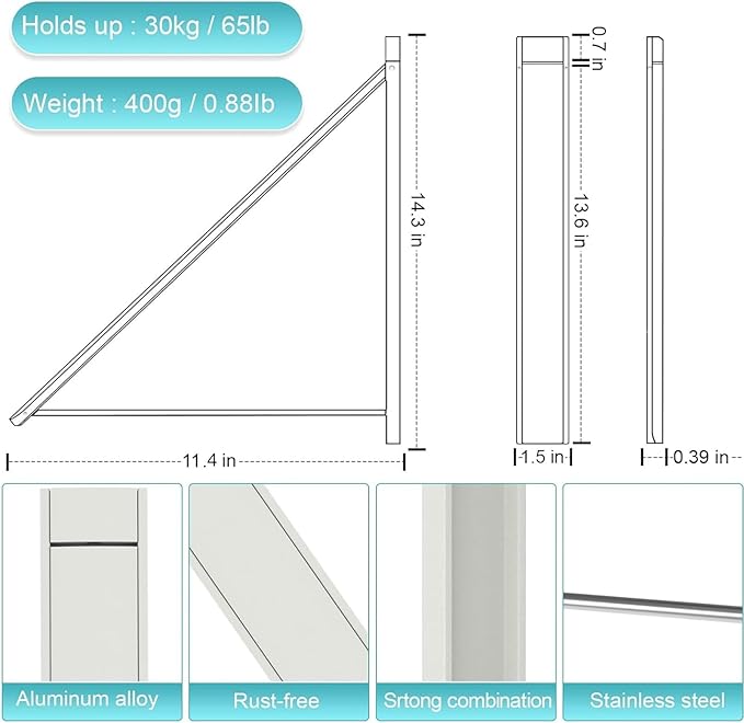 Wall Mounted Drying Rack - Retractable Aluminum Clothes Hanger, No Drill Space Saving Laundry Organizer, 65 lbs Capacity (White)