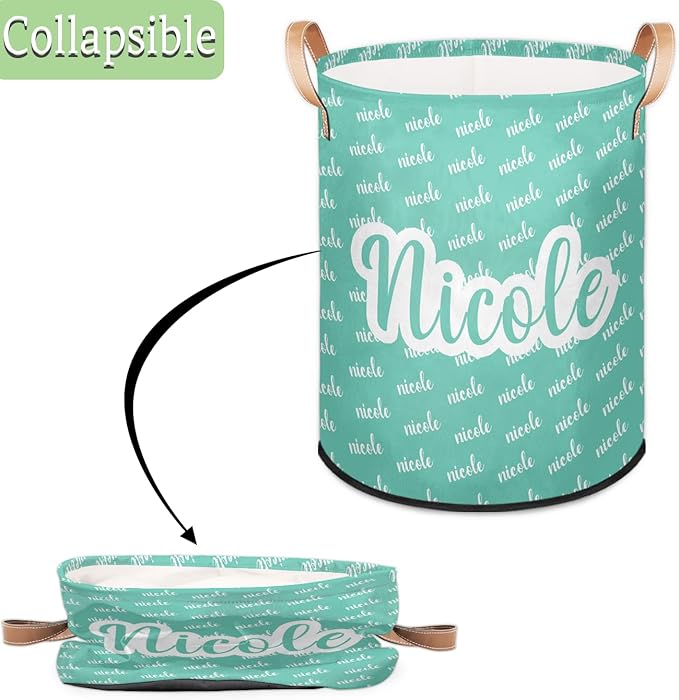 Custom Name Laundry-Hamper, Personalized Cyan Kids-Clothes-Hamper Foldable with Name, Customized Storage Basket with Handles Waterproof Gift for Boys Girls Baby Women