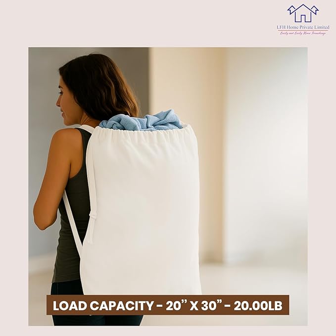 LFH Home Cotton Canvas Large Laundry Bag with Handle, Heavy Duty Drawstring Closure Washable Laundry Bags School Travel, Home, Hotel, College Dorm, Organizer Sack, Cloths 20x30-White