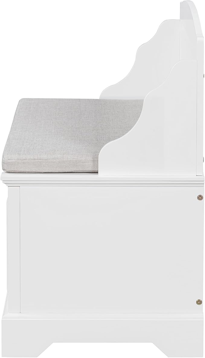 Retro Storage Bench Entryway Bench Shoe Cabinet with Safe Soft-Close Devices, Removable Seat Cushion, Backrest & Hidden Storage Space for Hallway Entryway Living Room Mudroom (White(New))