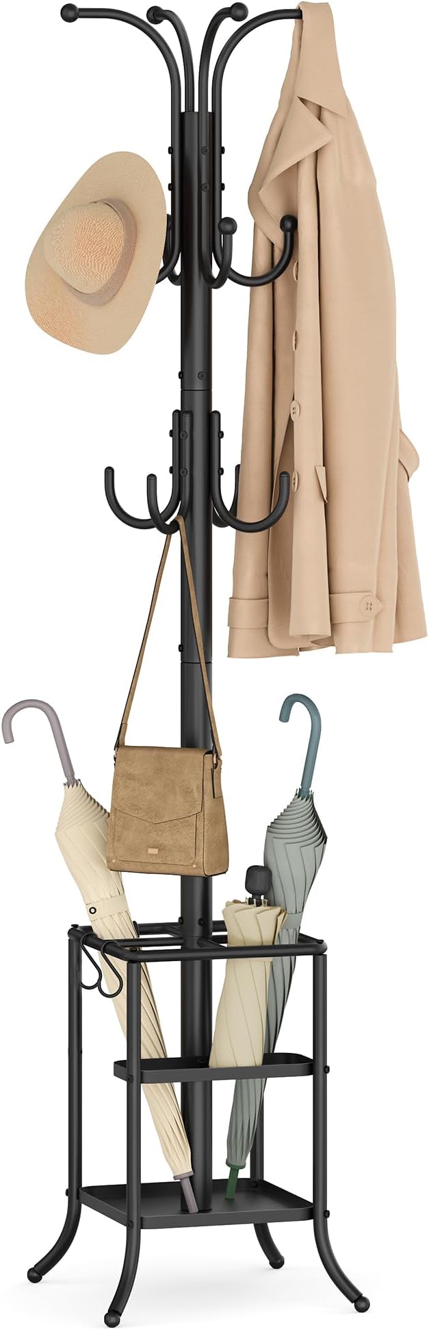 SONGMICS Coat Rack Freestanding with Umbrella Holder, Metal Coat Rack Stand with 12 Hooks, for Entryway, Hallway, Living Room, Bedroom, Ink Black URCR082BH02S