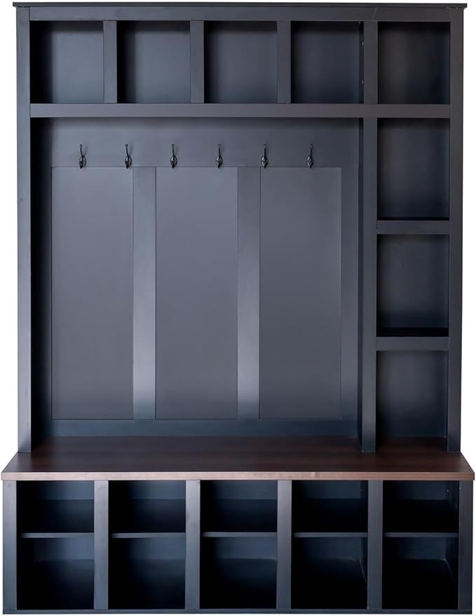 Farmhouse Style Hall Tree with 6 Hooks, Practical Walnut Storage Bench with Adjustable Shelves, Wooden 4-in-1 Entryway Shoe Cabinet with 13 Cubbies for Mudroom, Living Room (Black + Dark Walnut-8)
