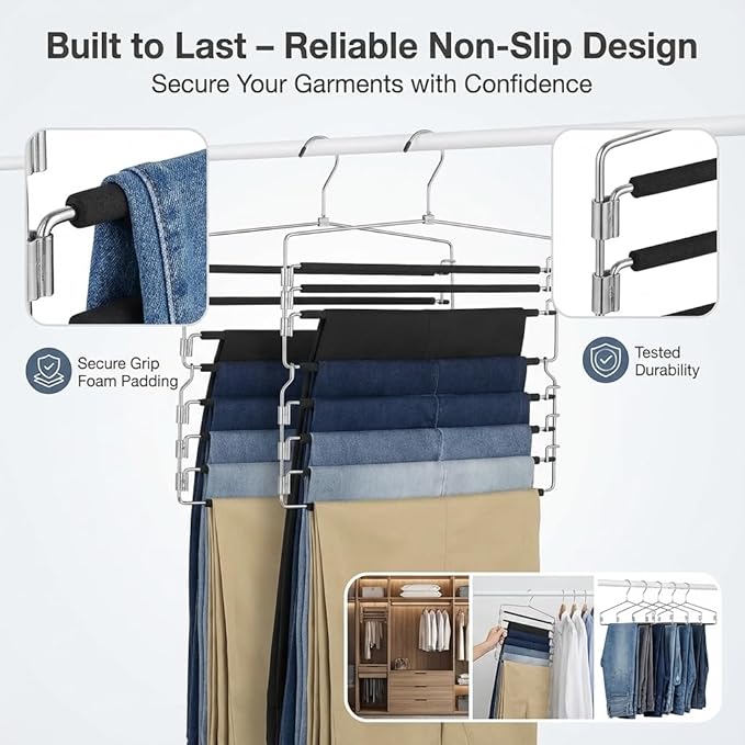 USTECH Arm Pants Hanger-8 Tier, Multi Tier Swing Hanger with Foam Padding & Removable Arm, Storage Organizer, Pack of 2, Foldable