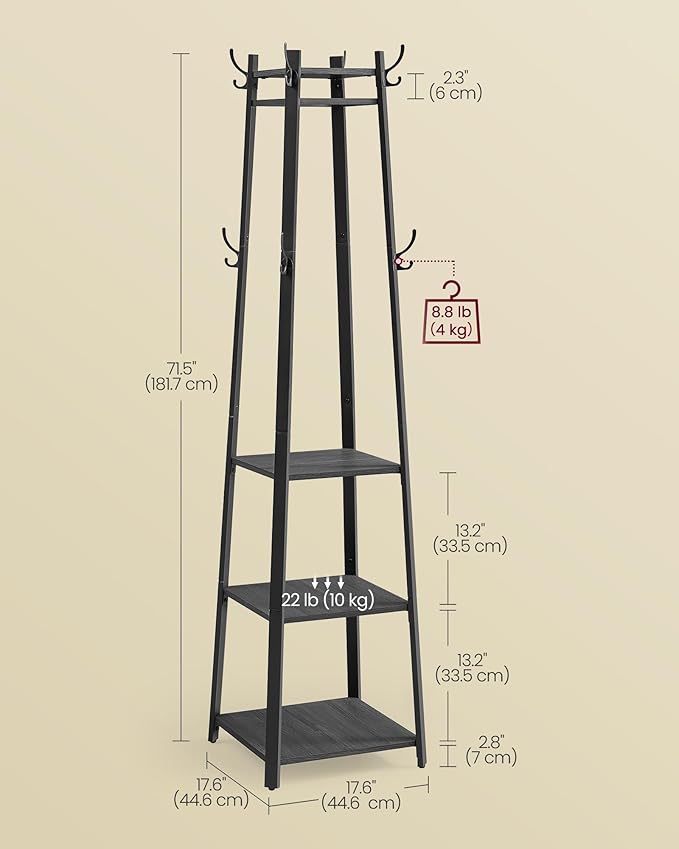 VASAGLE Coat Rack, Coat Stand with 3 Shelves, Hall Tree Free Standing with Hooks for Scarves, Bags, Umbrellas, Steel Frame, Industrial Style, for Entryway, Living Room, Charcoal Gray ULCR080B03