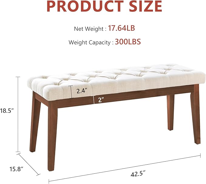 Upholstered Bench for Bedroom End of Bed,42.5-inch Entryway Bench for Living Room,Dining Bench with Padded Seat and Solid Wood Leg for Kitchen Bedroom,Indoor and Hallway