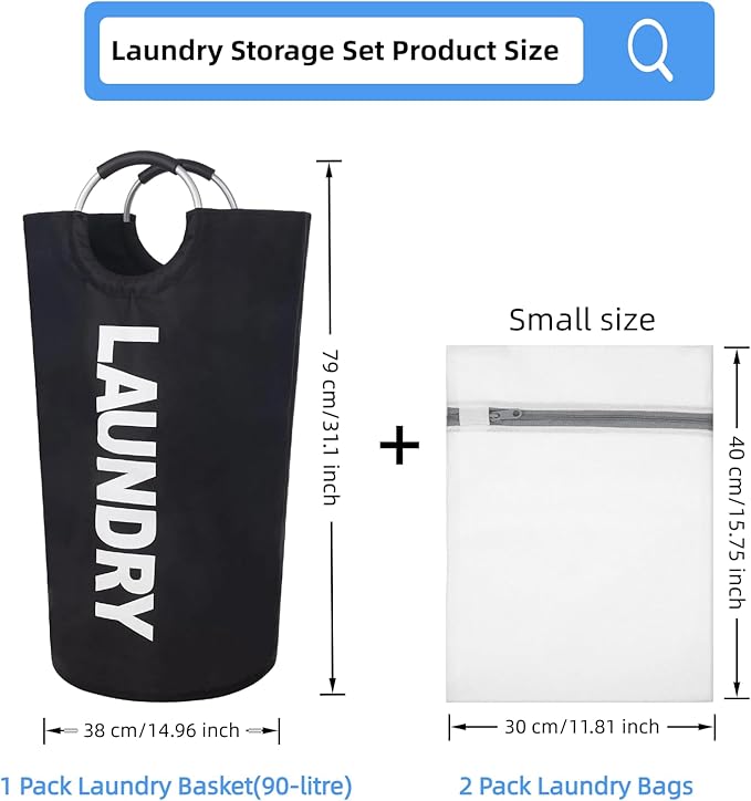 90L Laundry Basket, Storage Basket,Waterproof Laundry Hamper, Laundry Bag with Padded Handles, Clothes Hamper，Collapsible Laundry Basket Easy Storage;Includes 2 mesh laundry bags（16x12in）