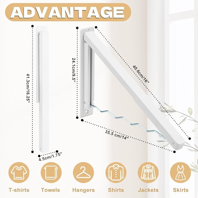 Zoyiancy 2pcs Wall Mounted Clothes Rack, Foldable Laundry Coat Racks, White Retractable Clothes Drying Rack for Home Storage Organiser Space Saving