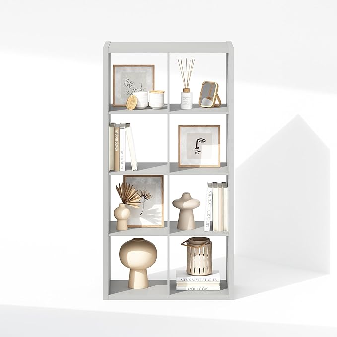 Furinno Simple Cube Storage Organizer, 8-Cube Display Shelf, Open Back Shelving Unit, Storage Shelves, Extra Thick Frame, for Organization and Storage, Living Room, Home Office, Light Grey