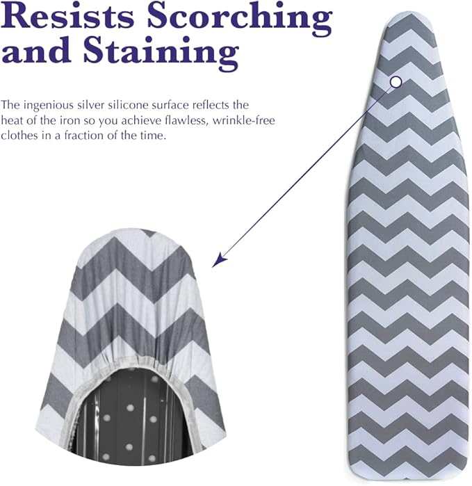 Epica Ironing Board Cover and Pad - Standard Size 15x54 Padded Ironing Board Covers, Heat Reflective Coating, Thick Pads, Scorch & Stain Resistant Iron Board Cover with Padding Grey Chevron