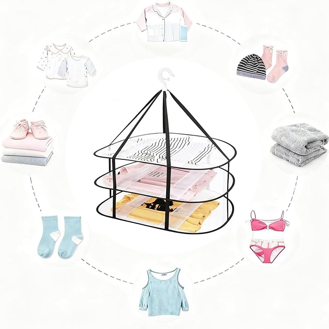 Fashion & Lifestyle 3-Tier Foldable Clothes Black Drying Rack, Hanging Mesh Laundry Dryer with Sturdy Frame for Delicates/Sweaters/Underwear, Space-Saving Indoor Outdoor Drying Organizer