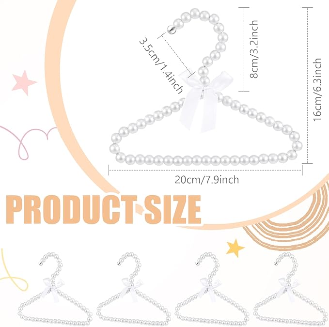 Wesiti 25 Pcs Small Pearl Hanger Mini Pearl Metal Elegant Clothes Hangers with Ribbon for Women Dog Cat (White)