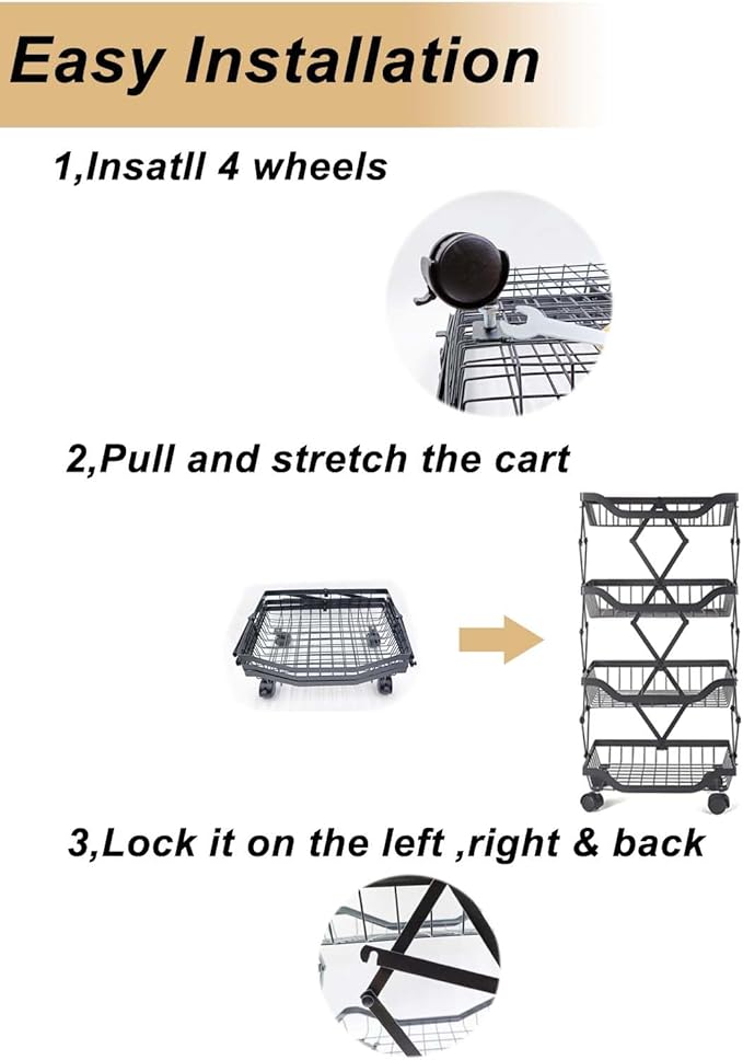 Rolling Utility Cart, Foldable Metal Shelf Organizer with Locking Wheels, Multi-Purpose Storage Rack for Kitchen, Office, Laundry, 14.17" L x 10.71" W x 29.5" H Black 4 Tiers