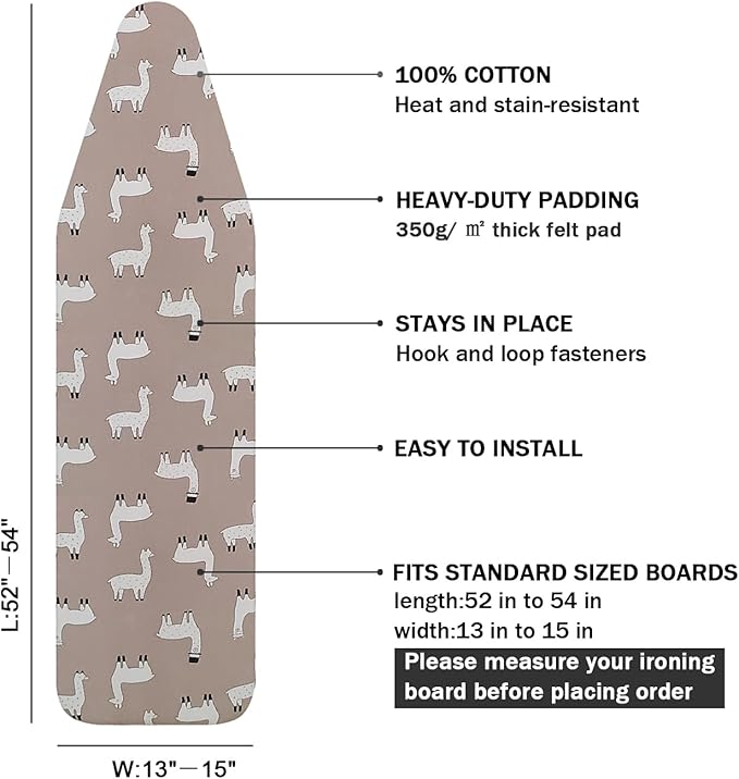 Ironing Board Cover and Pad Standard Size 15" x 54",3 Pairs of Hook and Loop Fastener Straps,Elastic Edges,Cotton Iron Board Cover with Scorch Resistant Thick Padding(Alpaca)