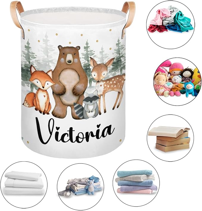 Personalized Laundry Basket, Custom Gift Laundry Hamper, Collapsible Nursery Waterproof Laundry Baskets, Dirty Clothes Toy Hamper with Handles Woodland Forest Animals