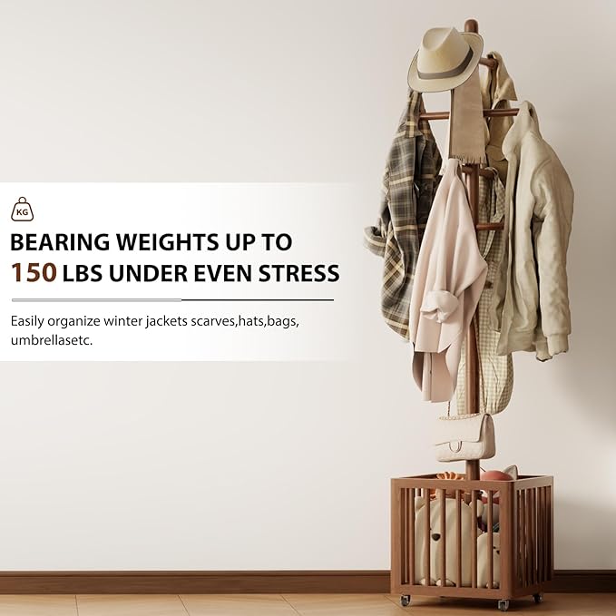 Solid Wood Coat Rack,standing coat rack with 10 Hook,Coat Rack for Freestanding,Bedroom,Living Room,Office,Hang Jackets,Bags,Clothes,Headphones(Walnuts)