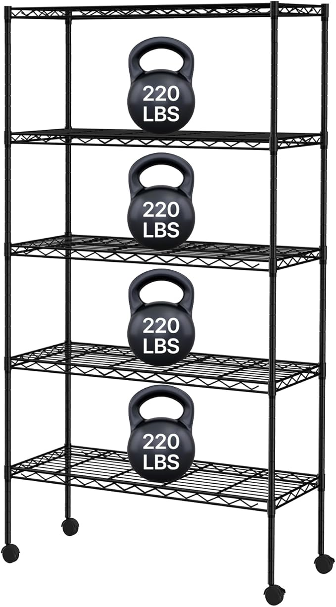 YRLLENSDAN 5-Tier Heavy Duty Storage Shelving Unit, Metal Shelves for Garage, Pantry, Kitchen Organization – Adjustable Wire Rack Shelf Organizer, 60"x30"x14", 1250lbs, Black