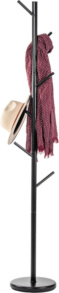 Coat Rack Black Freestanding - Modern Hat and Coat Stand with 6 Hooks - Black Powder-Coated Tubular Steel, Compact 11.0" Base, 66.1" Height for Entryway, Office, or Bedroom Organization