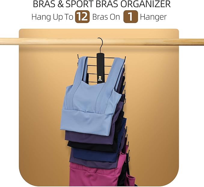 ZEDODIER Tank Top Hanger，2 Pack Wooden Bra Organizer for Closet, 12 Storage Capacity, Top 360° Rotation, Hanging Space Saving Hook for Tank Tops, Sport Bras, Camisoles, Lingeries, Black