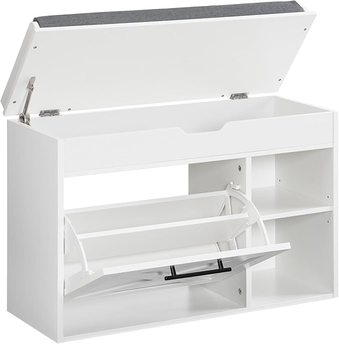 HOOBRO Shoe Storage Bench with Flip Drawer, 31.5" L Entryway Bench with Flip-Open Storage Box, Wooden Shoe Organizer with Padded Seat Cushion, Adjustable Shelf, for Hallway, WG55HX01