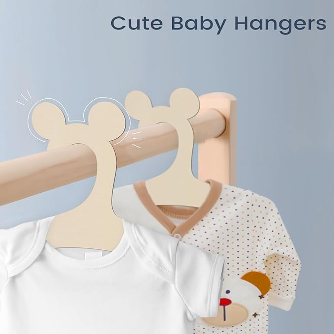 20 Pack Wooden Baby Hangers with Cute Mouse Ears for Newborns & Toddlers, 9 Inch Kids Hangers for Baby Shower, Nursery & Closet Storage