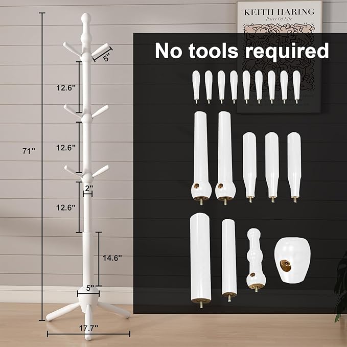Solid Coat Rack Stand, Coat Rack Freestanding with 9 Hooks and Adjustable 3 Heights, Tree Coat Stand with Triangle Base for Entryway, Bedroom, Hallway, White