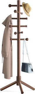 Wooden Coat Rack Freestanding with 12 Hooks 3 Adjustable Heights，Standing Coat Rack Tree for Hat and Coat Rack for Small Spaces Entryway,Office,Bedroom,Brown