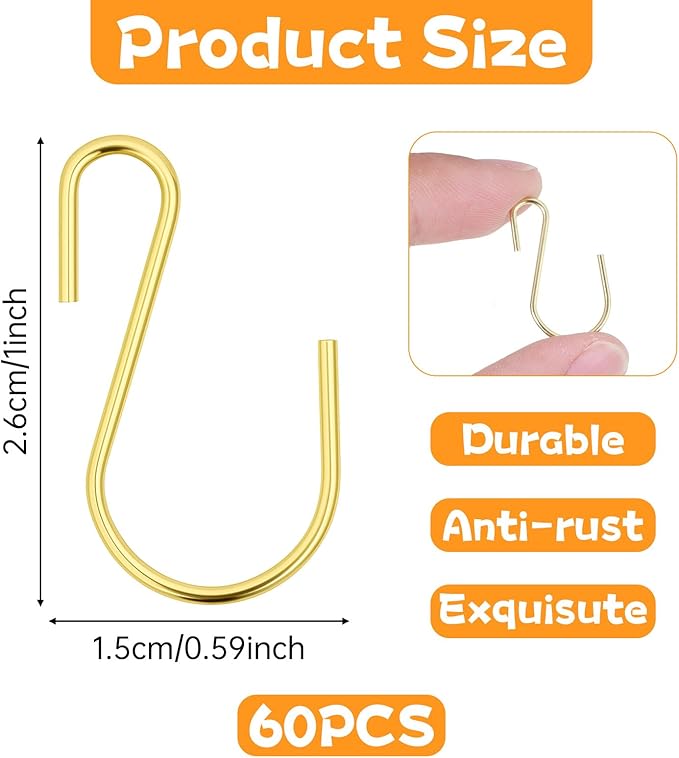 60 Pcs S Hooks for Hanging, 1 Inch Metal Hanging Hook S Shaped Metal Hook, Hanger Connector Hooks Ornament for Hang Jewelry Small Kitchenware Potted Plants(Gold)