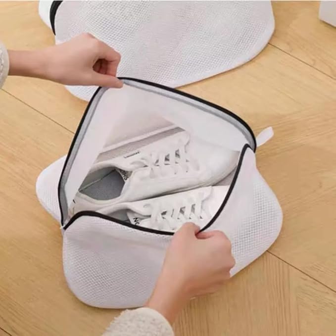 2Pcs Mesh Laundry Shoe Bag for Washing Machine, White with Black Trim, Protective Wash Bag (2, Large)